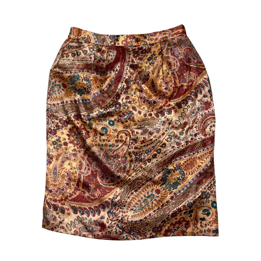 Vintage 100%‎ Silk Paisley Floral Pencil Skirt Gold Red Lined Size 8 High Waist